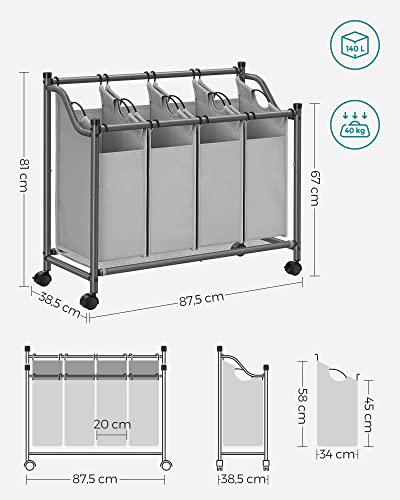 Rolling Laundry Sorter, Laundry Basket with 4 Removable Bags, Laundry Hamper, Laundry Trolley, for Laundry Room, Bedroom, Bathroom, 4 x 35L, Grey