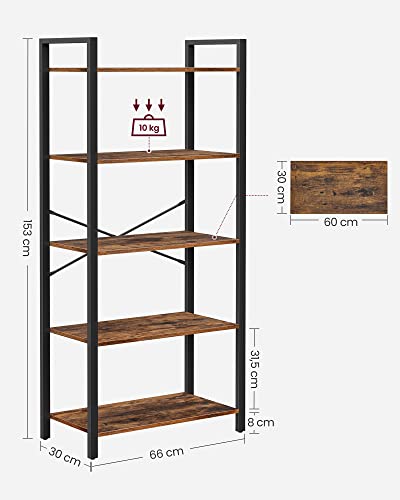 OKPET  5-Tier Storage Rack, Bookshelf with Steel Frame, for Living Room, Office, Study, Hallway, Industrial Style, Rustic Brown and Black