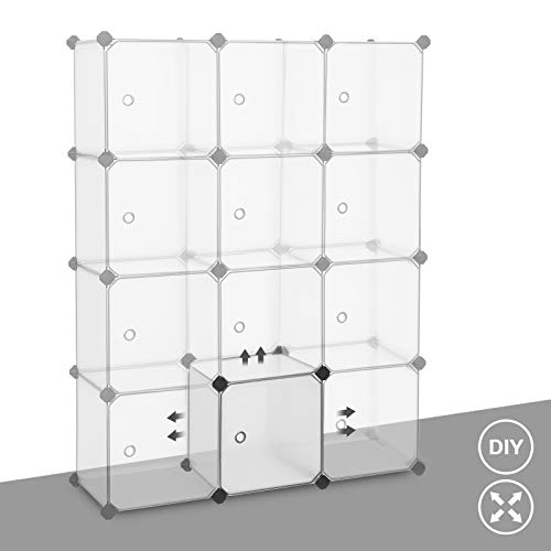 12-Cube Storage Organiser, Plastic Cabinet with Door, Shoe Rack, Cupboard, for Clothes, Shoes, Toys, Books, Easy to Assemble, 93 x 31 x 123 cm, White