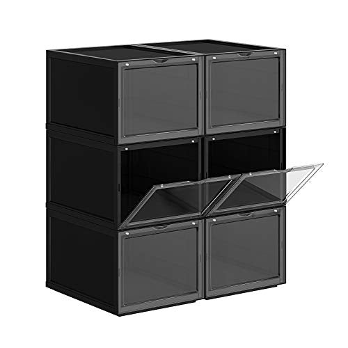 Shoe Box, Stackable Shoe Organiser, Plastic Shoe Storage with Clear Door, Easy to Assemble, Set of 6, 28 x 36 x 22 cm, Sizes up to UK 11, Black