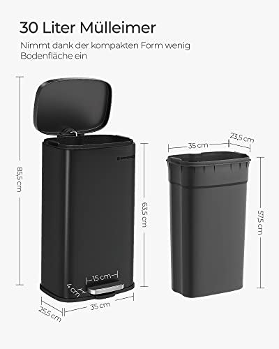 Kitchen Bin 30L, Pedal Bin, Rubbish Bin with Soft-Close Lid and Inner Bucket, Steel, Black