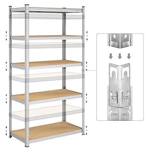 5-Tier Shelving Units, Set of 2 Steel Shelving Units for Storage, Tool-Free Assembly, for Garage, Shed, Load Capacity 600 kg, 50 x 100 x 200 cm, Silver