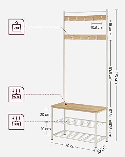 Coat Rack, Coat Stand with Shoe Storage Bench, Hall Tree with Shoe Rack, 3-in-1 Design, Steel Frame, for Hallway, Entrance, 32 x 70 x 175 cm, Modern, Oak Colour and White