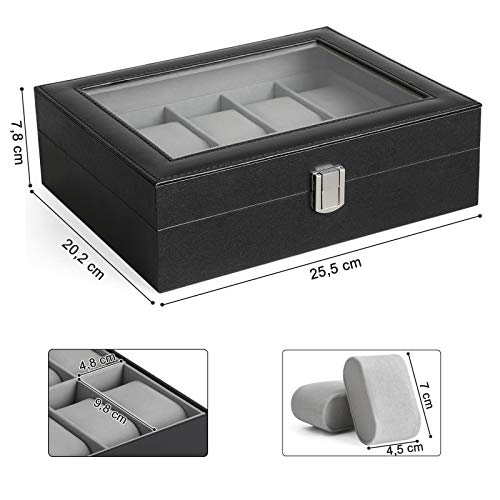 Watch Box with 10 Slots, Watch Case with Glass Lid, Watch Display Box with Removable Watch Pillows, Metal Clasp, Gift Idea, Black Synthetic Leather, Grey Lining