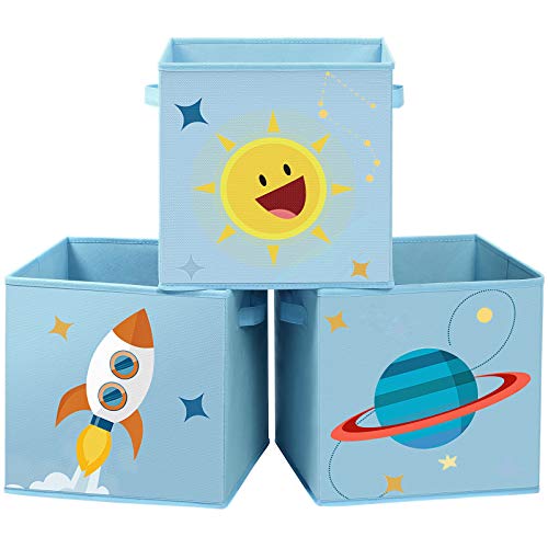 Storage Boxes, Set of 3, Toy Organiser Boxes, Foldable Storage Cubes with Two Handles, for Kid’s Room, Playroom, Bedroom, 30 x 30 x 30 cm, Space Theme, Blue 