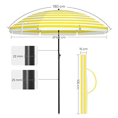 1.6 m Parasol, Beach Umbrella, Sun Protection with UPF 50+, Portable Octagonal Canopy, Tilt Mechanism, Air Vent, Carry Bag, for Beach, Gardens, Balcony, Pool, Yellow and White Stripes