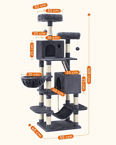 Large Cat Scratching Post M Cat Scratching Post 168 cm High Cat Tree with 13 Scratching Posts 1 Scratching Ramp 2 Platforms 2 Caves Basket Hammock Pompoms for Large Cats Smoke Grey