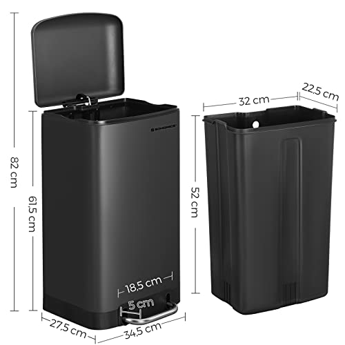 Rubbish Bin, 30 L Kitchen Bin, Steel Pedal Bin with Inner Bucket and Lid, Soft Closure, Odour Seal for Kitchen, Living Room, Black