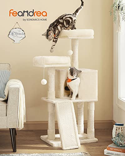 Small Cat Scratching Post with Scratching Board Platforms for Cat Soft Plush 115 cm Fully Sisal Wrapped Column Beige