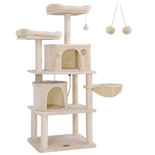 Cat Tree, Tall Cat Tower, 2 Caves, Beige