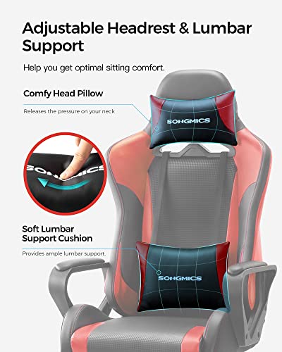 Gaming Chair, Computer Chair, Office Chair, Removable Headrest, Lumbar Cushion, Height-Adjustable, Rocker Function, Maximum Load 150 kg, Ergonomic, Black/Red