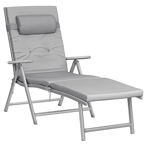 Foldable Sun Lounger, Sunbed with 6 cm Mattress, Removable Headrest, Rustproof Aluminium, Breathable, Comfortable, Reclinable, Max. Load Capacity 150 kg, Grey