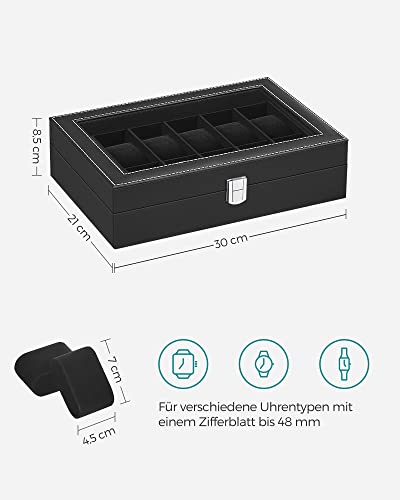 Watch Box with 12 Slots, Watch Case with Glass Lid, Watch Display Box with Removable Watch Pillows, Metal Clasp, Gift Idea, Black Synthetic Leather, Black Lining