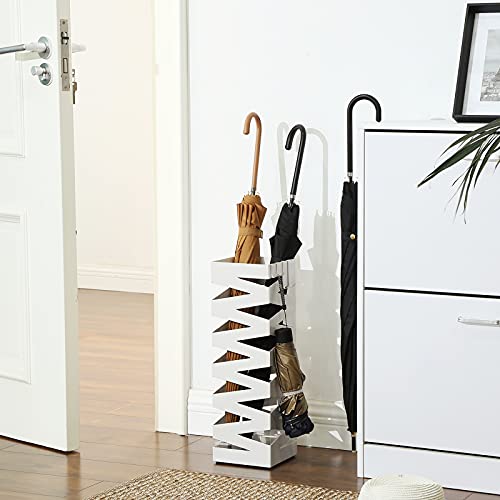 Metal Umbrella Stand, Square Umbrella Holder Rack, with 4 Hooks and a Removable Drip Tray, 15.5 x 15.5 x 49 cm, White