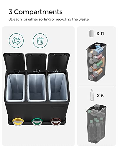 Recycling Bin, 3-in-1 Pedal Bin, 24-Litre Metal Rubbish Bin, Waste Separation System Dustbin for Kitchen, Easy to Clean, Steel, Black