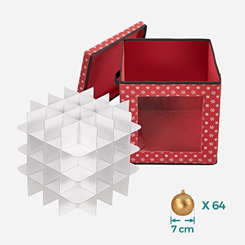 Christmas Bauble Storage Boxes, Set of 3 Storage Cube Bins for Christmas Decorations, 64 Box Places, Modular Dividers, 30.5 x 30.5 x 30.5 cm, Red