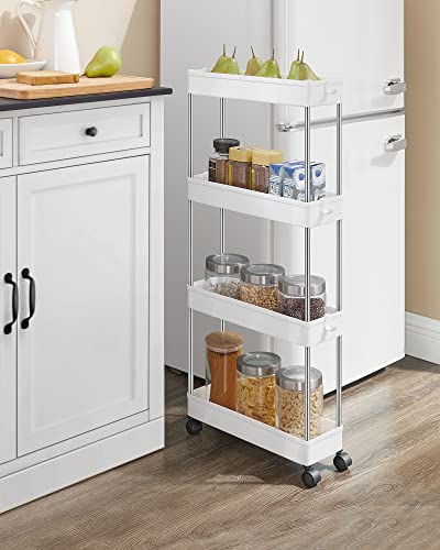 4-Tier Storage Trolley on Wheels, Plastic Storage Unit, Space-Saving Shelving Organiser for Small Spaces, Bathroom Kitchen, 42 x 13.5 x 87 cm, White