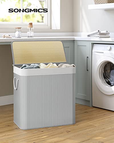 Laundry Hamper Basket with 3 Sections, Clip-on Lid and Handles, 150L Foldable, for Laundry Room, Bedroom, Bathroom, Grey