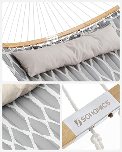 Hammock, Quilted Fabric Hammock with Detachable Curved Bamboo Spreaders, Pillow, 200 x 140 cm, Load Capacity 225 kg, Grey and Beige Rhombus