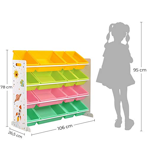 Toy Shelf, Toy Organiser, Nursery Shelf with 16 Removable PP Plastic Boxes, for Nursery, Playroom, School, Yellow, Light Green, Pink and Samar Green