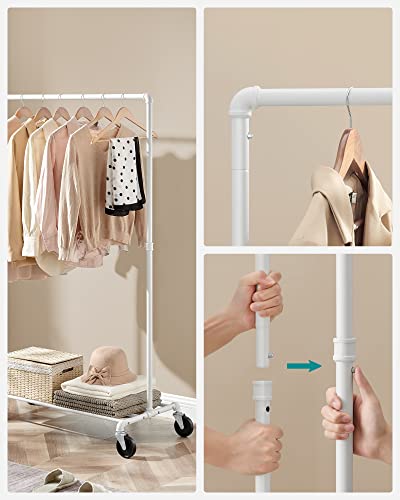 Clothes Rail, Clothes Rack on Wheels, Heavy-Duty Clothing Rail, Holds 90 kg, Industrial Design, Coat Stand with 1 Hanging Rail and Shelf, for Bedroom Laundry Room, White