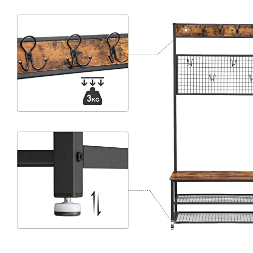 Coat Rack Stand, Industrial Shoe Rack and Bench with Grid Memo Board, 9 Hooks, and Storage Shelves, Hall Tree with Stable Metal Frame, Rustic Brown