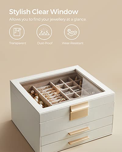 Jewellery Box with Glass Lid, 3-Layer Jewellery Organiser with 2 Drawers, Jewellery Storage, Plenty of Storage Space, Modern Style, Gift for Loved Ones, Cloud White and Gold