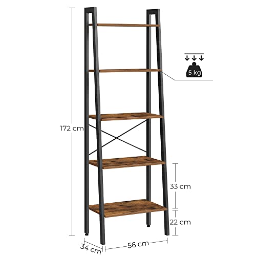 Ladder Shelf, 5-Tier Industrial Bookcase, Storage Unit, with Metal Frame, for Living Room, Kitchen, Rustic Brown