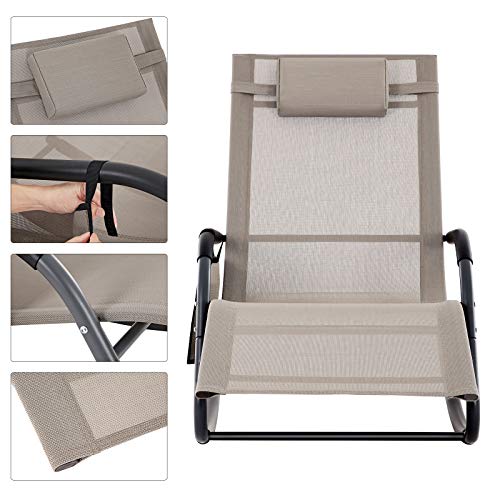 Sun Lounger, Garden Chair, Rocking Chair with Headrest and Side Pocket, Iron Structure, Breathable Synthetic, Comfortable, Max. Load Capacity 150 kg, Brown