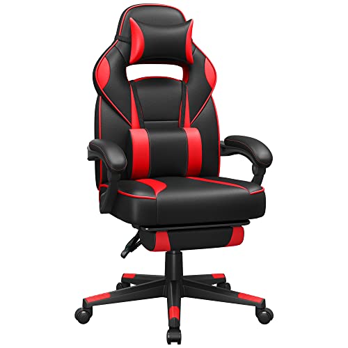 Racing Gaming Chair, Adjustable Office Chair with Footrest, Ergonomic Design, Tilt Mechanism, Headrest, Lumbar Support, 150 kg Weight Capacity, Black and Red