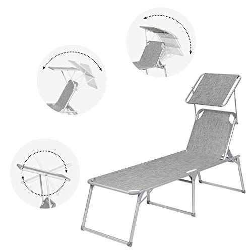 Sun Lounger, Sunbed, Large Reclining Sun Chair, 65 x 200 x 48 cm, Load Capacity 150 kg, with Reclining Backrest, Sunshade, Foldable, for Garden, Balcony, Terrace, Mottled Grey