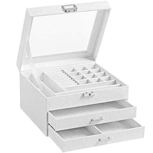 Jewellery Box, 3-Tier Velvet Jewellery Display Case and Organiser with Clear Glass Lid, Varying Compartments for Necklaces, Bracelets, Rings, Lock and Key, White