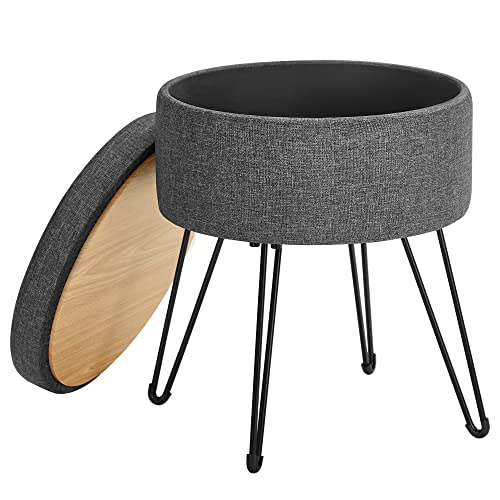 Round Stool with Storage Space, Storage Box with Lid, 13.4 L, Footrest, Metal Legs, Padded Seat, for Living Room, Bedroom, Dark Grey