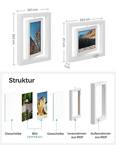 Set of 2 Rotating Photo Frames for 5 x 7 Inch Photos with 2 Glass Panels for Standing or Hanging MDF White