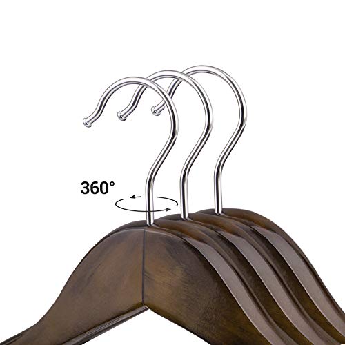 Suit Hangers, Solid Wood Hangers with Broad Ends Non-Slip Trouser Bar, Set of 6 for Outfits, Shirts, Coats, Jackets, Trousers, Pants, 360° Swivel Hook, Dark Walnut