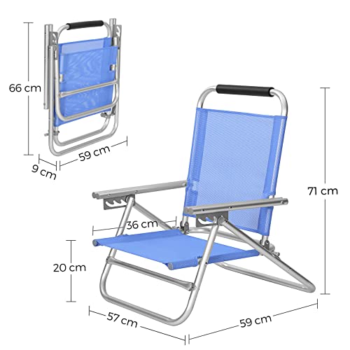 Portable Beach Chair with 4-Position Reclining Backrest, Folding Beach Chair with Armrests, Breathable and Comfortable Fabric, Outdoor Chair, Blue