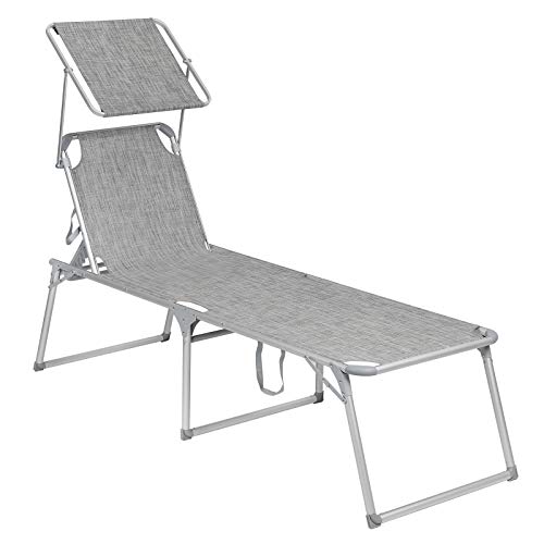 Sun Lounger, Sunbed, Large Reclining Sun Chair, 65 x 200 x 48 cm, Load Capacity 150 kg, with Reclining Backrest, Sunshade, Foldable, for Garden, Balcony, Terrace, Mottled Grey