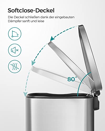 Kitchen Pedal Bin, 50L Rubbish Waste Bin, with Plastic Inner Bucket, Hinged Lid, Soft Closure, Odour Proof and Hygienic, Silver