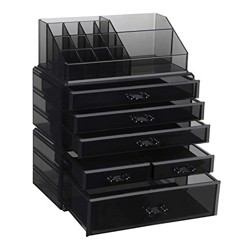 Large Acrylic Make up Organiser, Stackable Cosmetic Box with 6 Drawers, for Palette, Brush, Foundation, Lipstick, Nail Polish, Hairpins, Great Gift for Loved Ones, Black