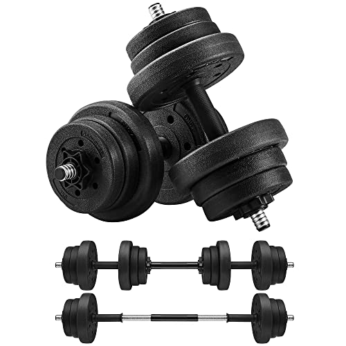 2-in-1 Dumbbells Set, 2 x 10 kg Adjustable Dumbbells with Extra Barbell Bar, Plastic-Coated Weight Plates, Fitness Exercise, Home Gym, Black