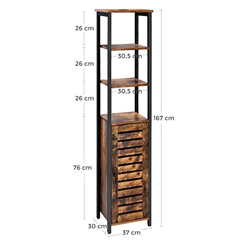 Industrial Floor Standing Shelf, Narrow Bathroom Cabinet with 3 Shelves and Cupboard, Tall, Multipurpose in the Living Room, 37 x 30 x 167 cm, Rustic Brown