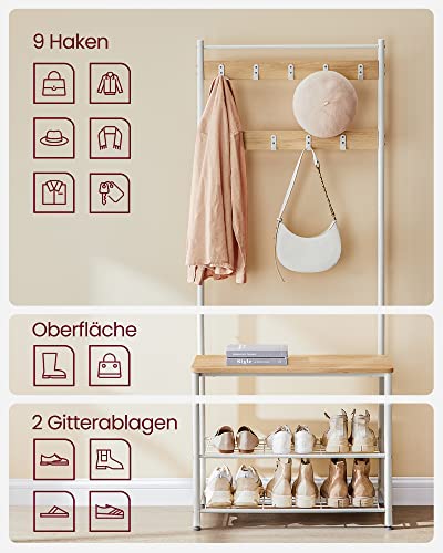 Coat Rack, Coat Stand with Shoe Storage Bench, Hall Tree with Shoe Rack, 3-in-1 Design, Steel Frame, for Hallway, Entrance, 32 x 70 x 175 cm, Modern, Oak Colour and White