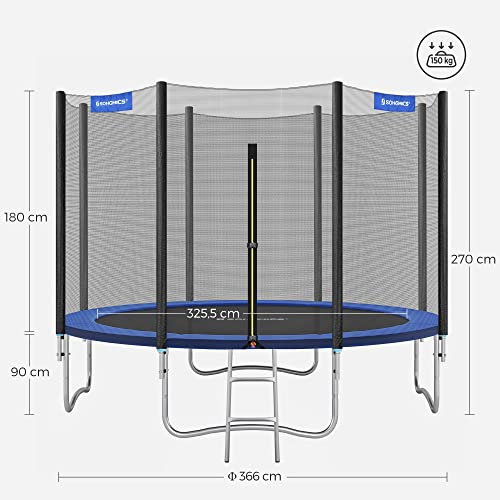 Trampoline 305 cm (10 ft), Outdoor Backyard Trampoline, TÜV Rheinland GS Certificate, with Enclosure Safety Net, Spring Cover Pad, Ladder, Holds 150 kg, Blue