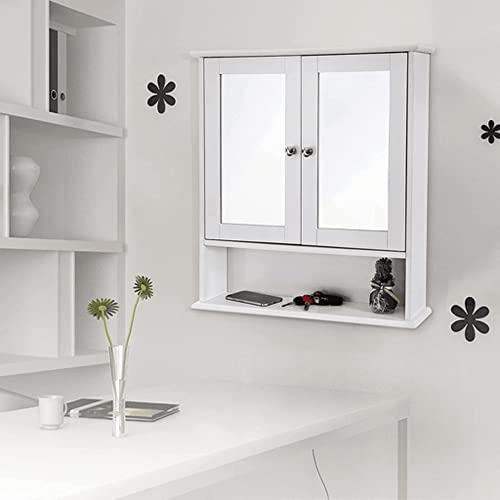 Double Mirror Doors Bathroom Cabinet, Wall Cabinet, Storage Cupboard, Wall-Mounted Storage Unit, Adjustable Height Shelves, 56 x 13 x 58 cm, White