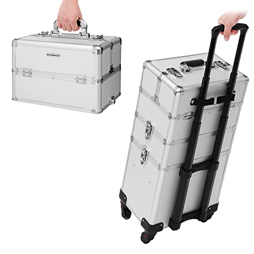 Professional Makeup Case, 3-in-1 Travelling Beauty Trolley, Large Cosmetic Trolley for Hairdressers, Lockable Rolling Makeup Case with 360-Degree Universal Casters, Silver