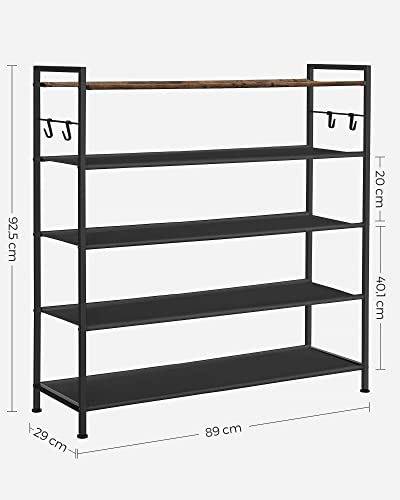 5-Tier Shoe Rack, Metal Shoe Shelf, Oxford Fabric Shelves, for 20-25 Pairs of Shoes, 29 x 89 x 92.5 cm, 4 Hooks, Open Shoe Cabinet for Hallway Bedroom, Rustic Brown and Black