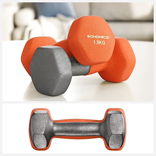 Set of 2 Dumbbells, 2 x 1.5 Non-Slip Neoprene Hand Weights with Matte Finish, Home Workout, Fitness Exercise, Orange