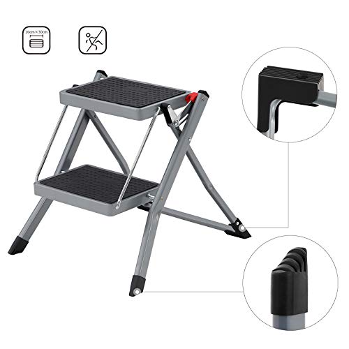 2-Step Ladder, Folding Ladder, 20 cm Wide Steps Covered with Non-Slip Rubber, with Handle, Max. Static Load 150 kg, Steel, Grey and Black