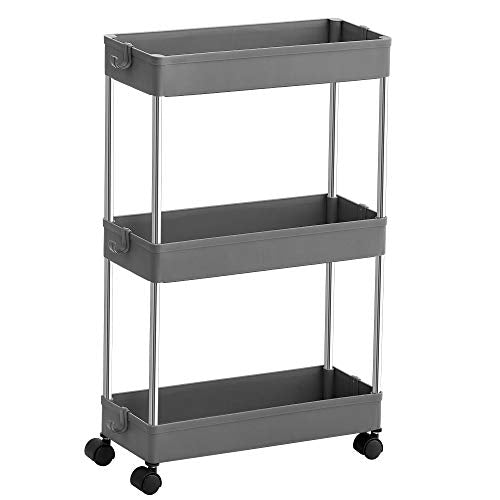 3-Tier Storage Trolley, Kitchen Trolley on Wheels, Narrow Trolley for Kitchen Bathroom Office or Small Spaces, 42 x 13.5 x 61 cm, Grey