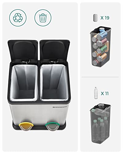 Recycle Bin, 30-Litre Waste Separation System, 2 x 15L Rubbish Bin, with Inner Buckets, Colour-Coded Pedals, for Kitchen, Living Room, Silver and Black